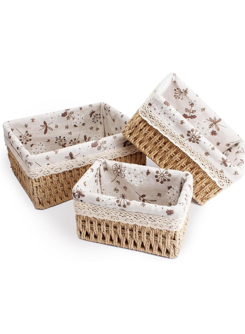 ناما سلات تخزين طبيعية ٣ أحجام بزخرفة مع بطانة قابلة للإزالة، منظم ضفيرة مثالي، تصميم مربع بلون بيج من حبل ورقي منسوج وحبل قطن مع بطانة قماش مطبوع بالزهور - Image 4